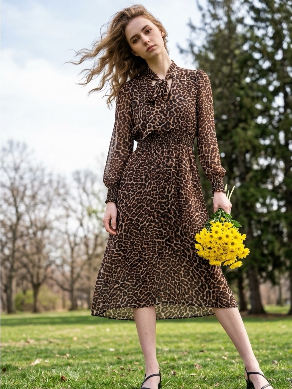 Zara Brown Leopard-Print Long-Sleeve Midi Dress